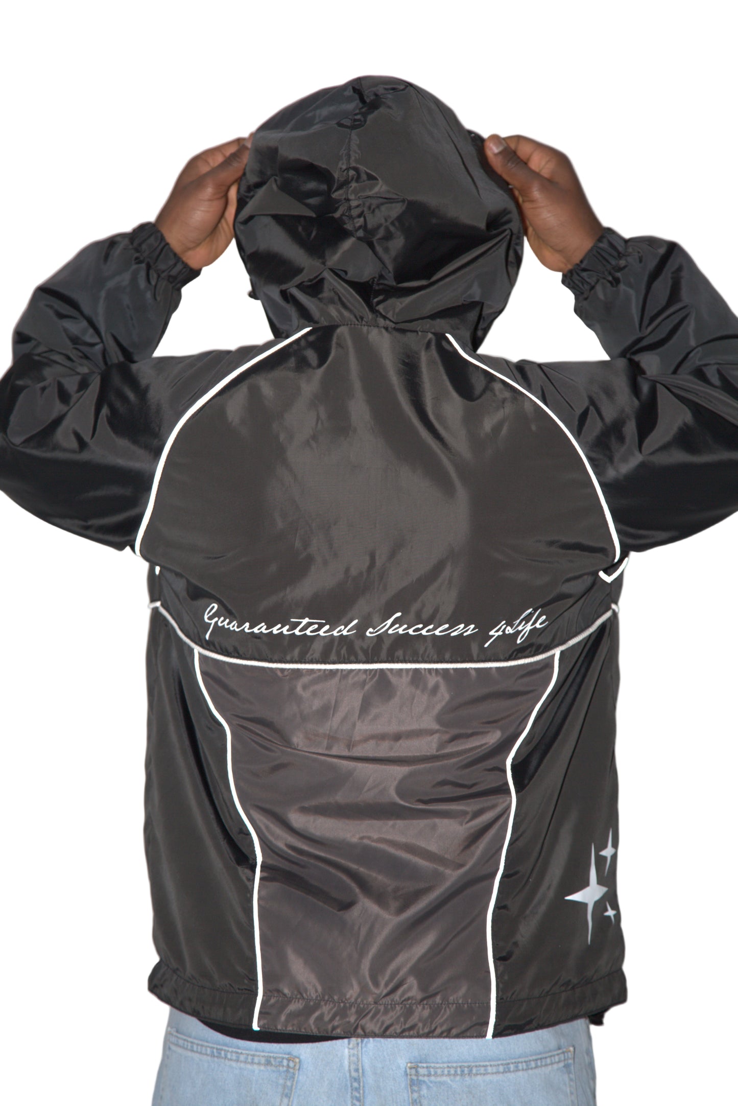 Black jacket with text and star design on a white background