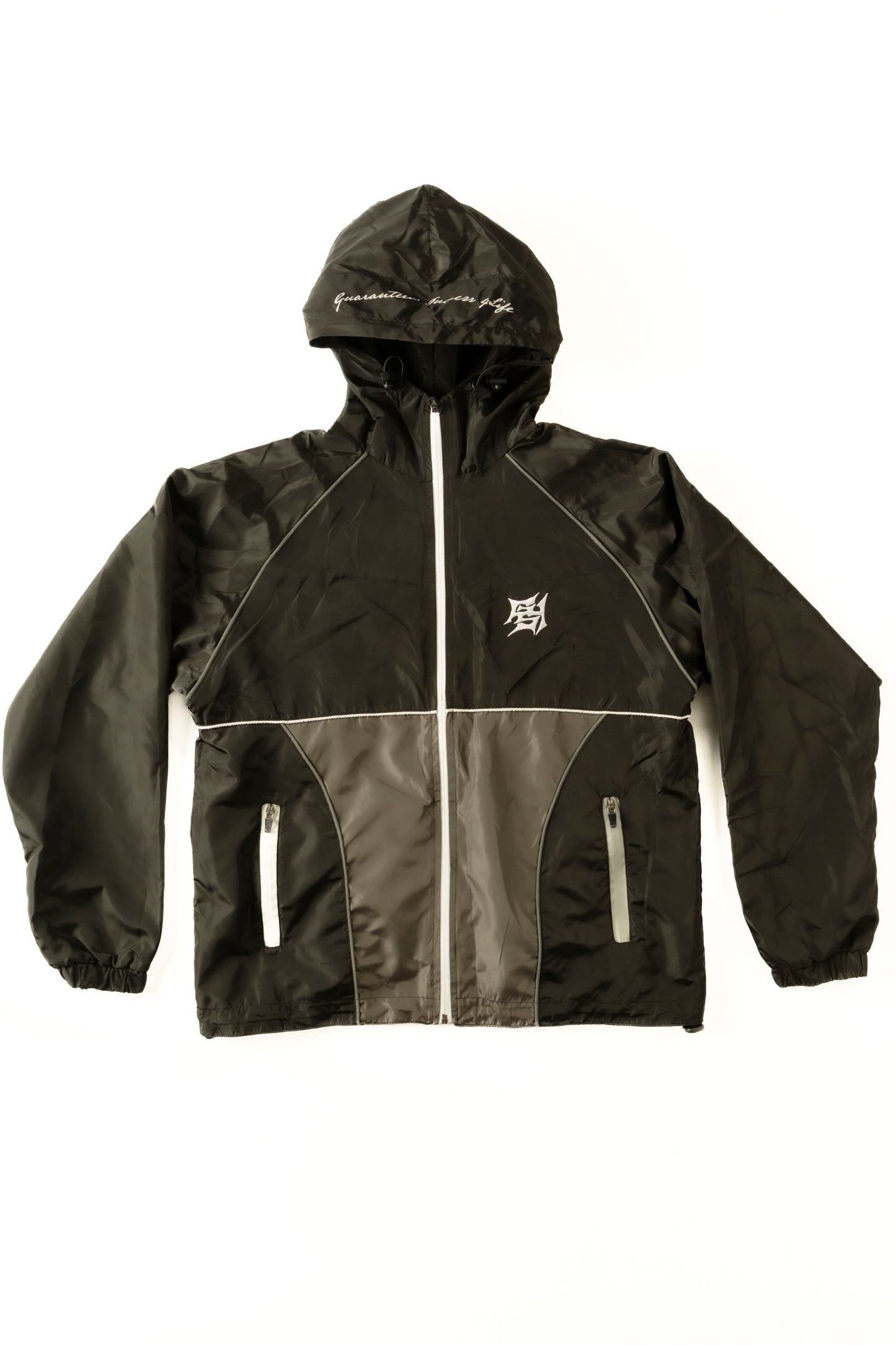 Black jacket with a brand logo on a white background