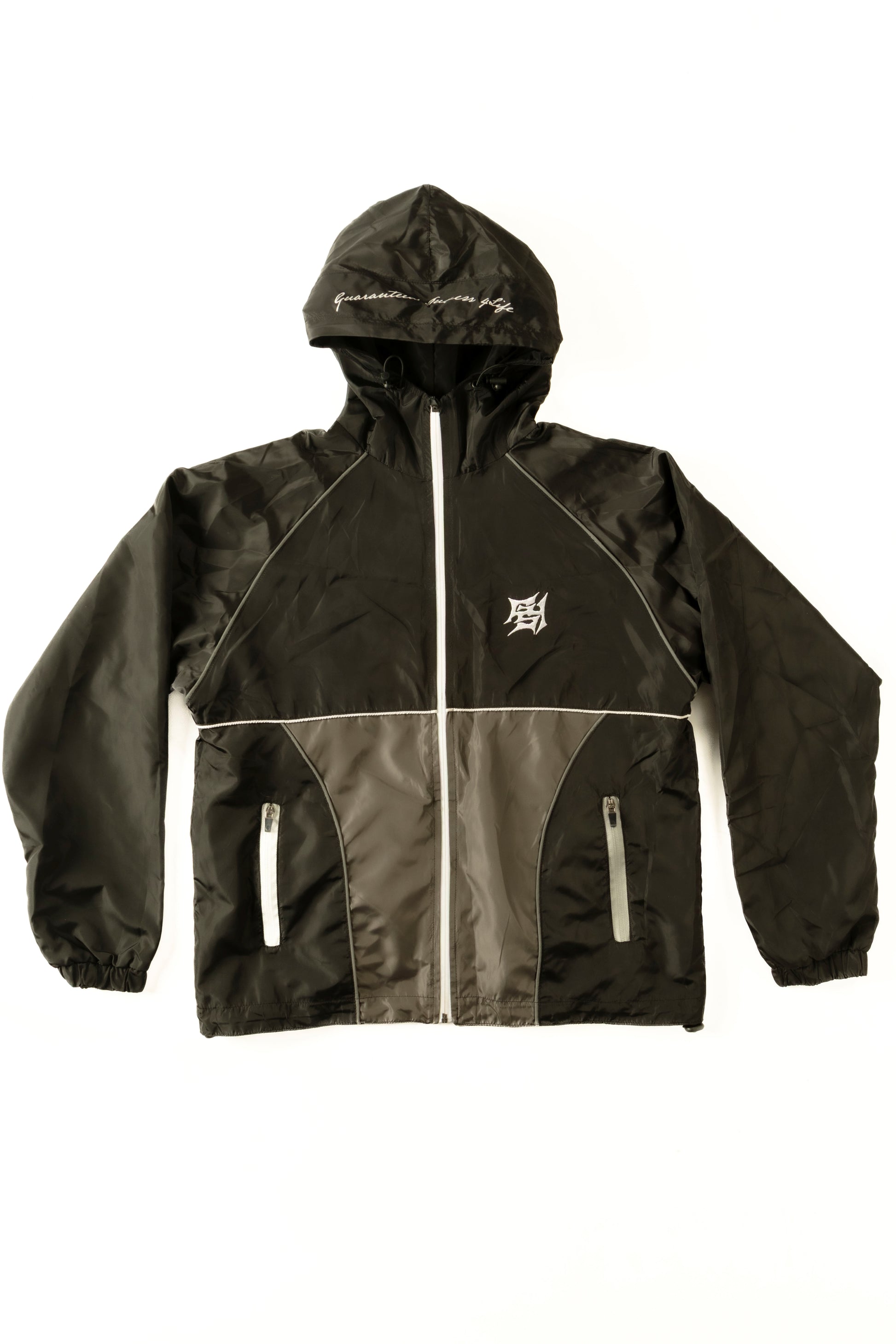 Black jacket with a brand logo on a white background