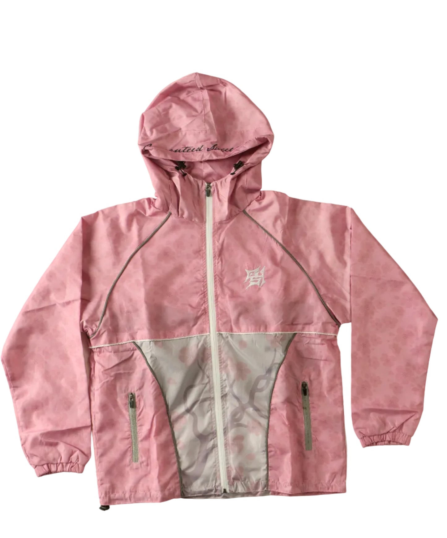 Pink jacket with a brand logo on a light beige background