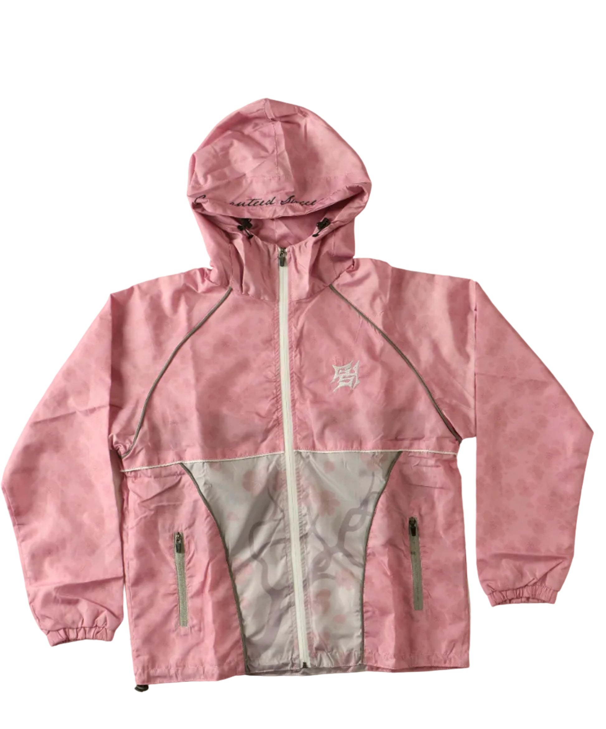 Pink jacket with a brand logo on a light beige background