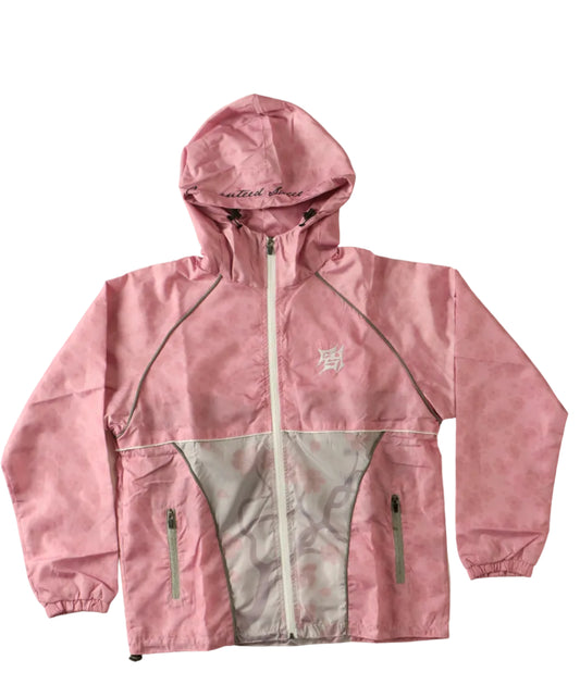 Pink jacket with a brand logo on a light beige background