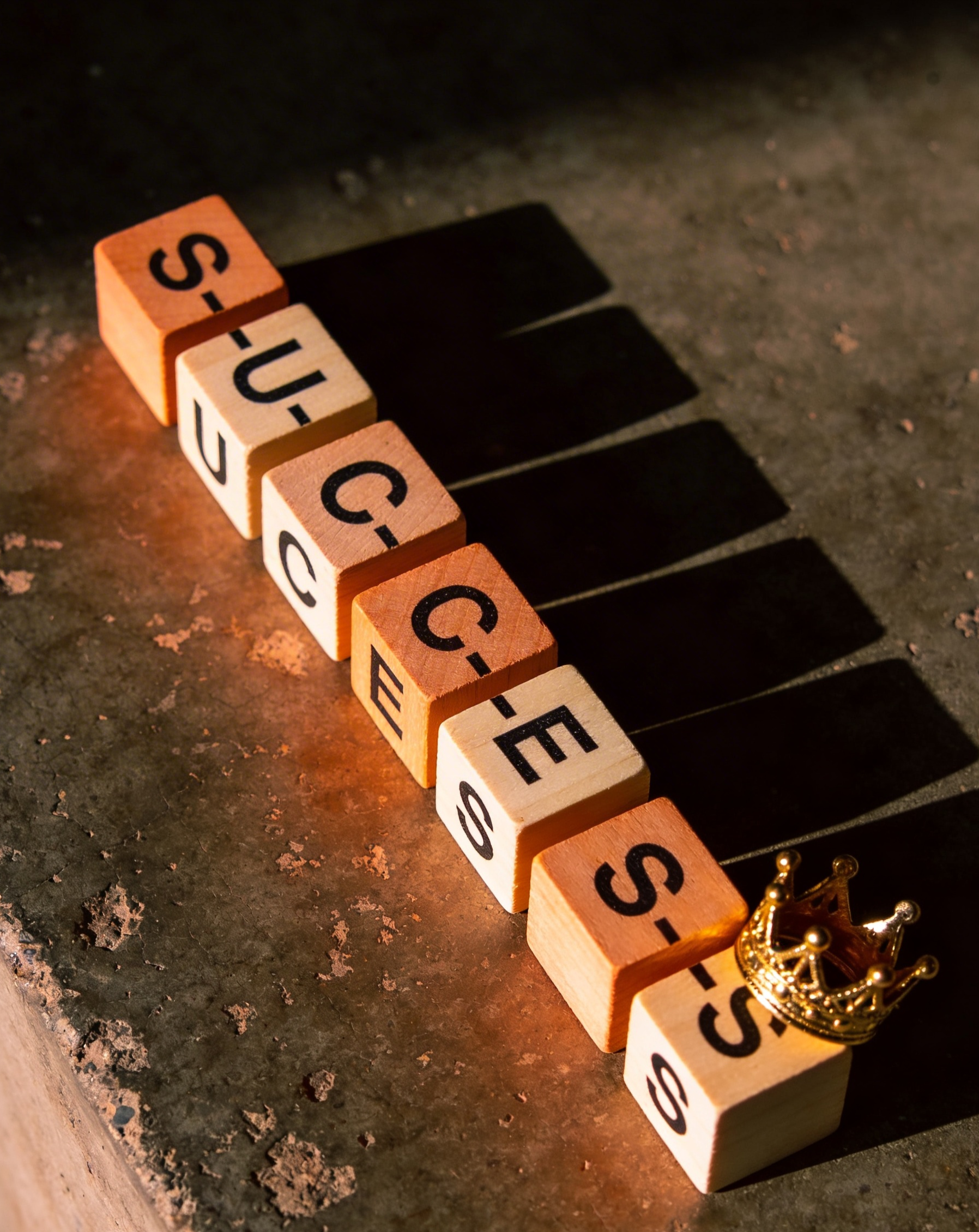 Wooden blocks spelling 'SUCCESS' with a crown on a textured surface